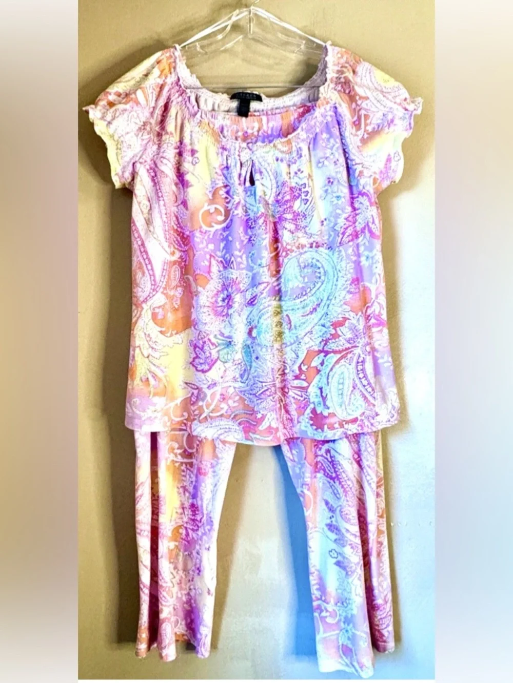 💜LAUREN RALPF LAUREN💜 PASTEL PAISLEY COTTON CAP SLEEVE LONG PANT PAJAMA SET EUC - Picture 3 of 12